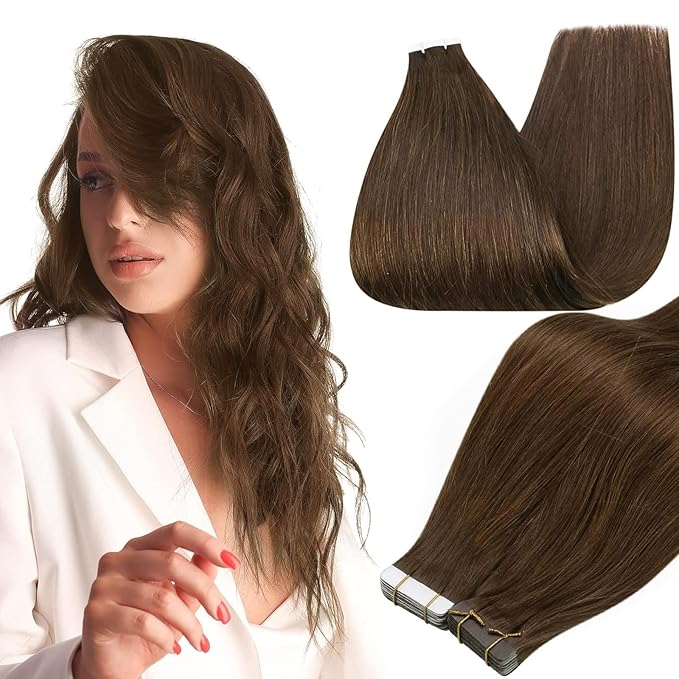 Full Shine Tape in Human Hair Extensions Color 4 Medium Brown Hair Extensions Real Human Hair 22Inch Long Invisible Skin Weft 100G 40Pcs Soft Straight Extension Add Length