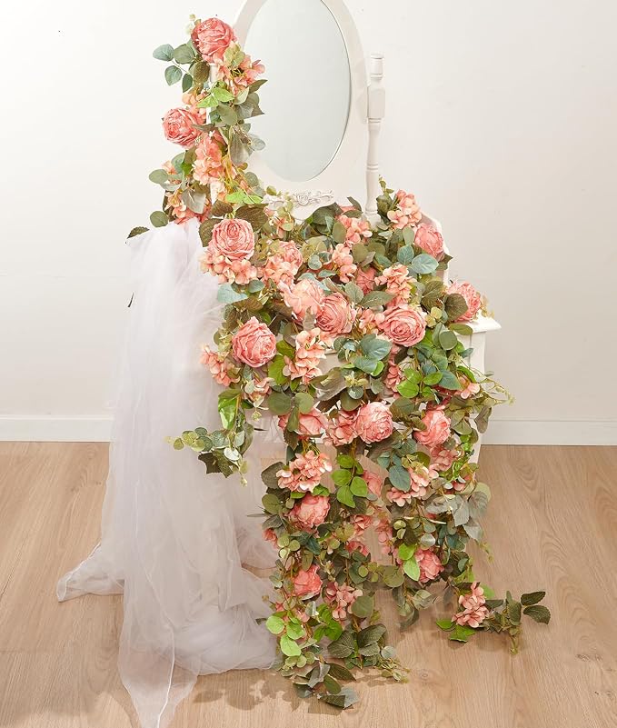Artificial Flower Garland 2pcs 5.4ft Rose & Hydrangea Vine, Champagne Pink | - Image 6