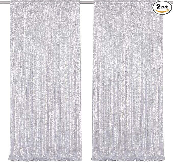 Silver Sequin Backdrop Curtains-2 Panels 4FTx8FT Silver Backdrop by SoarDream
