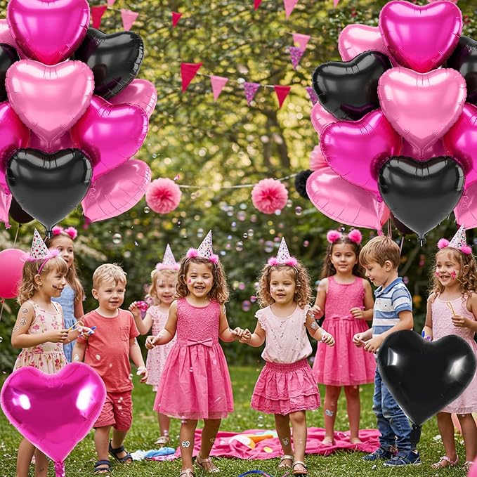 TONIFUL 30 Pcs 18 Inch Pink Black Hot Pink Heart Shape Foil Mylar Balloons | - Image 6