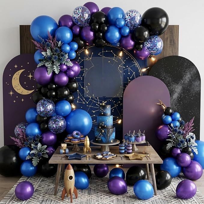 Purple and Blue Galaxy Balloons, 12 Inch Metallic Blue Dark Purple Blue Black - Image 4