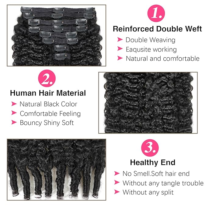 18 Inch Classic Burmese Curly Clip in Hair Extensions Real Human Hair Full and Thick #1B Natural Black Color Curly Clip ins For Women Wear and Go Brazilian Virgin Clip on Hair(18inch,#1B)