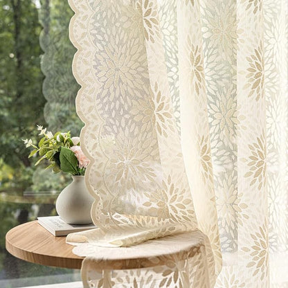 MIULEE Vintage Floral Scalloped Lace Curtains 2 Panels, Cream 52" W x 63" L | by MIULEE