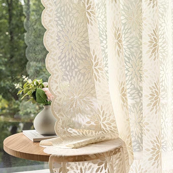 MIULEE Vintage Floral Scalloped Lace Curtains 2 Panels, Cream 52" W x 72" L | by MIULEE