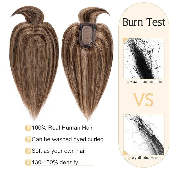 SEGO Hair Toppers for Women Real Human Hair With Bangs, 7 * 13CM Silk Base 100% Remy Human Hair Clip in Top Wiglet Hairpieces Add Volume -10 Inch 4P27 Medium Brown&Dark Blonde