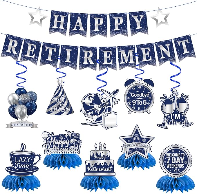 Retirement Party Decorations Set Blue and Silver, Happy Retirement Banner by Sereliy