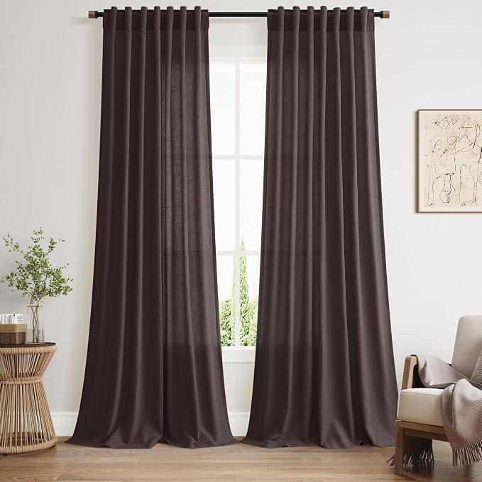 Cocoa Coffee Linen Blend Light Filtering Back Tab Curtains 96 Inches Long by Nanspring
