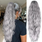 LEEONS 26 inch Drawstring ponytail Extension, Long Wavy pony tails hair extensions for Women - Synthetic Hairpiece Ponytail for Daily Use (Light Silver mixed Grey)