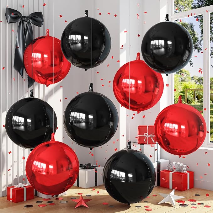 9 Pcs Black Red Round Foil Balloons Halloween Balloon | 22 In Black Metallic by Froova