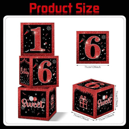 3 Pcs Happy 16th Birthday Decorations Red Black Balloon Box - Image 2