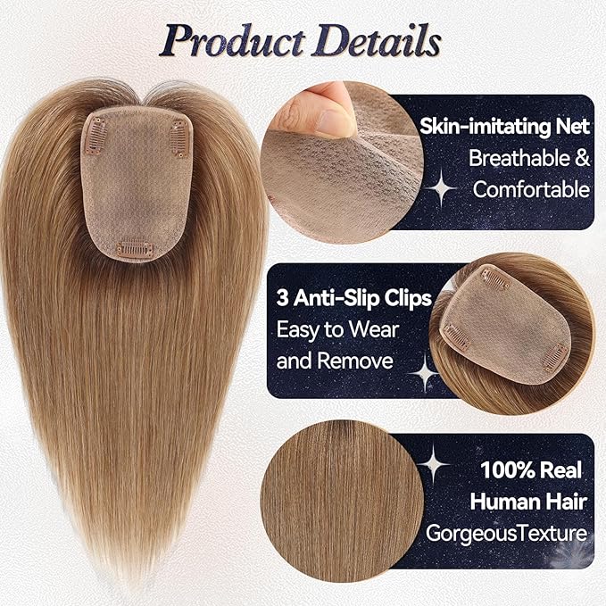 starluck Human Hair Toppers for Women Real Human Hair With Bangs 4 * 5.5 inch Base 12 inch SilkHug Topper for Women with Thinning Hair Cover Grey Roots(Ombre Light Brown)
