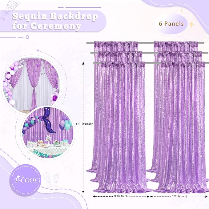 Lavender Sequin Curtains Backdrop 6 Pcs 2FTx8FT Shiny Shimmer Fabric | Glitter - Image 3