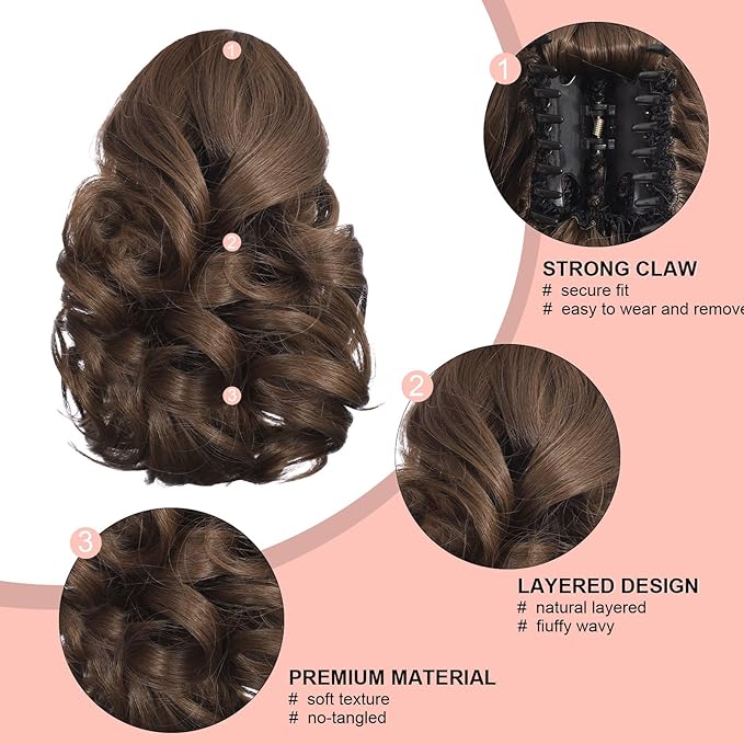 Ponytail Extension, Clip on Ponytails for Women, 9" Claw Clip in Short Curly Wavy Pony Hair Extension for Women - Brown