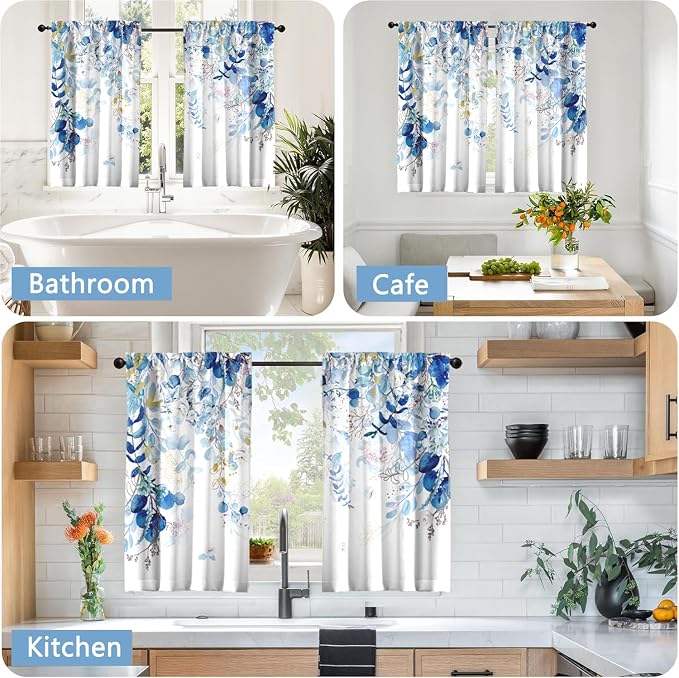 Blue Eucalyptus Leaves Kitchen Curtains Watercolor Plant Floral Curtains 39 - Image 6