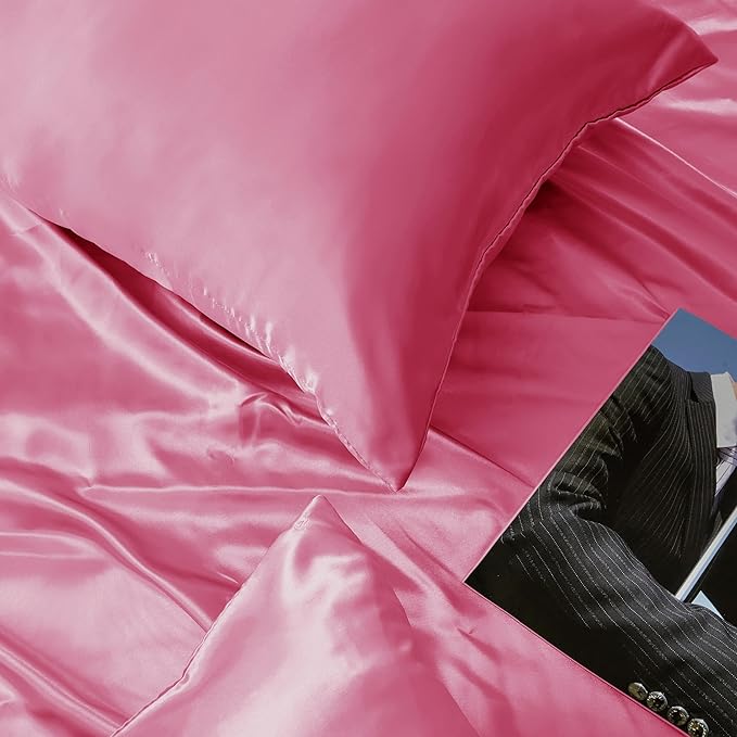 Peach Red Satin Pillowcase Queen Size Set of 2 for Hair and Skin, Peach Red Silk Pillowcase Breathable Pillowcase with Envelope Closure