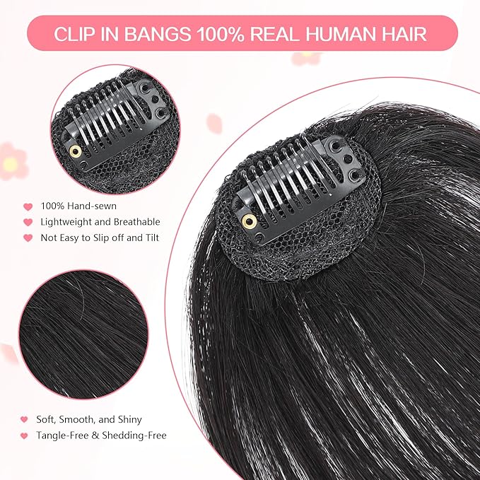 Clip in Bangs 100% Real Human Hair, Wispy Bangs Hair Clip, Fake Bang Fringe with Temples Hairpieces for Women Daily Wear (Black, Wispy Bangs)