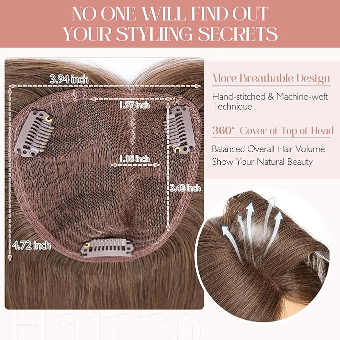Hairro 100% Human Hair Topper No Bangs, Real Clip in Hair Hairpieces for Women, 3.94x4.72 Silk Base for Thinning Receding High Hairline, 12 Inch Dark Brown Side Part