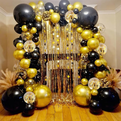 Black and Gold Balloons, 12 Inch Black and Metallic Chrome Gold Confetti - Image 3