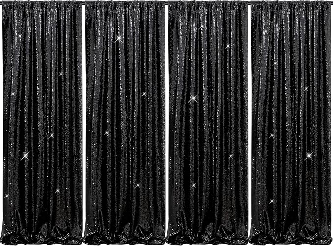 Black Sequin Backdrop Curtains 4 Pcs 2ftx8ft Glitter Shimmer Fabric | Sparkly by B-COOL