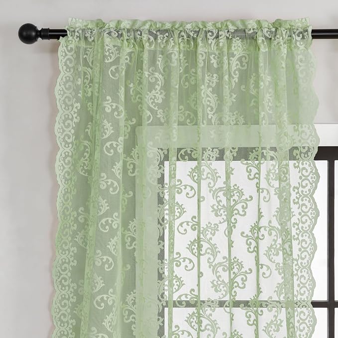 FOLKSIDE Sage Green Lace Curtains 63 Inch Length 2 Panels Paisley Floral Lace - Image 3