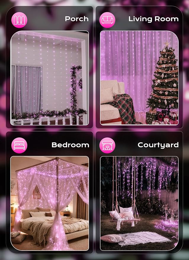 Brightown 300 LED Pink Fairy Curtain Lights, 9.8ft x 9.8ft String Lights | USB - Image 8