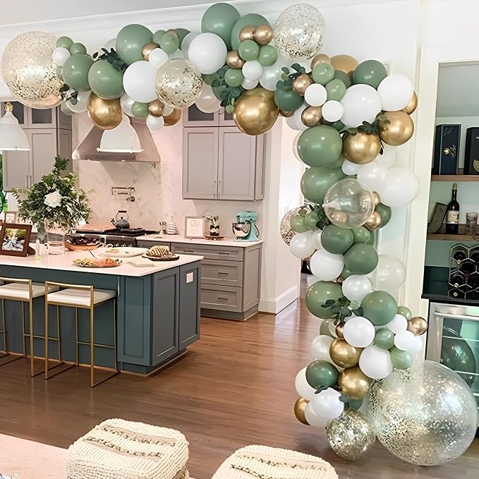 137PCS Sage Green Balloon Garland Arch Kit White Gold Confetti Balloons Retro by GIHOO