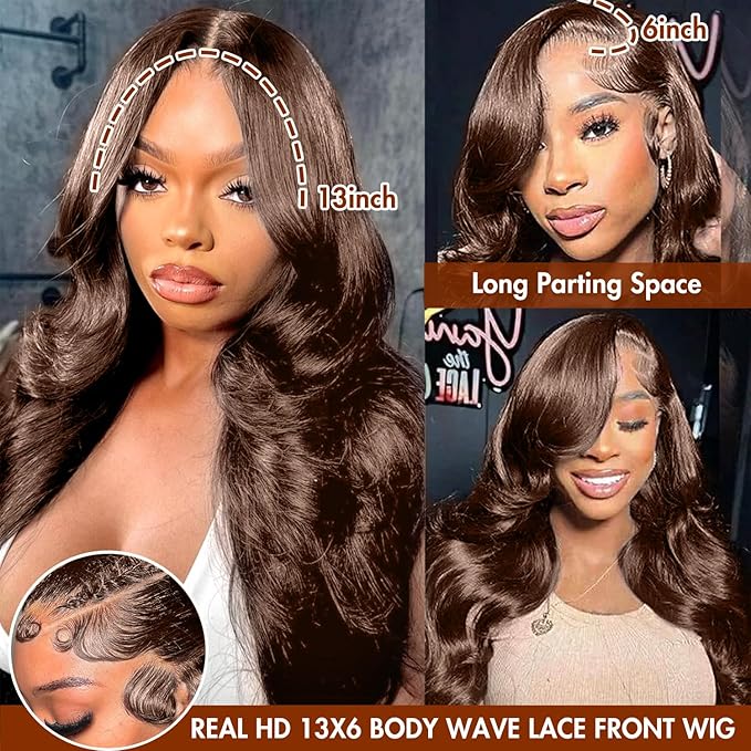 250 Density 13x6 HD lace wig Real FULL SKINLIKE Pre Plucked 0.10mm Ultra-thin Invisible Chocolate Brown lace front wig HD Lace Front Wigs Human Hair Small Knots Body Wave Full Virgin Hair 22inch