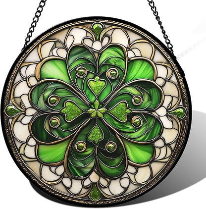 DASTOLL Stained Glass Window Hanging St. Ripak Festival Green Lucky Clover 6.3" by DASTOLL