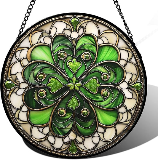 DASTOLL Stained Glass Window Hanging St. Ripak Festival Green Lucky Clover 6.3" by DASTOLL