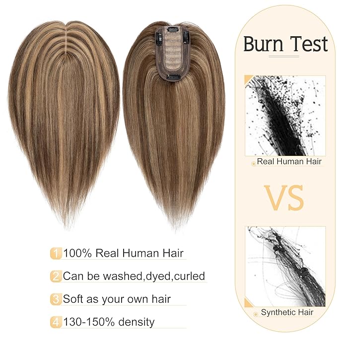 SEGO Human Hair Toppers for Women With Thinning Hair, 7 * 13CM Silk Base 100% Real Human Hair Clip in Top Wiglet Hairpieces /18 Inch No Bangs Medium Brown&Dark Blonde