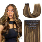 Lashey Seamless Clip in Hair Extensions Human Hair, 14 Inch 110g 7pcs Straight Balayage Chocolate Brown to Honey Blonde with Brown Root Highlight Clip in Hair Extensions for Women