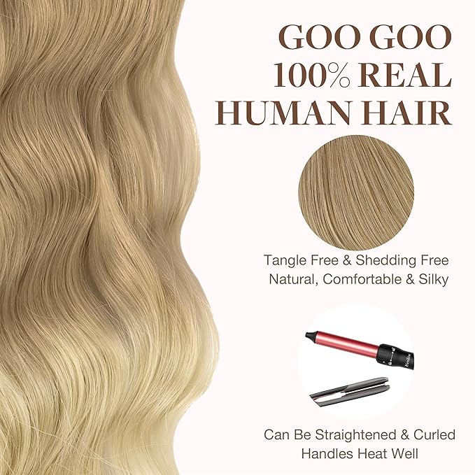 GOO GOO Tape in Hair Extensions Human Hair, O18G/22G(L) Golden Beige Blonde with Ash Highlights, 10inch 30g 20pcs, Skin Weft Seamless Invisible, Silky Straight with Thick Ends, Remy Human Hair