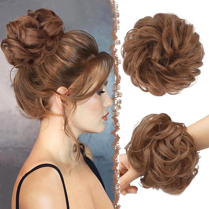FESHFEN Messy Bun Hair Piece - Large Elastic Wavy Curly Hair Bun Scrunchies Ponytail Extensions Synthetic Chignon Hairpieces for Women, Copper Brown 1.94oz