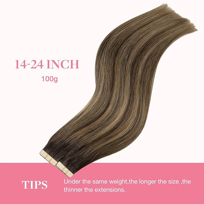 GOO GOO Tape in Hair Extensions Human Hair, 4D/14/5B Brunette Balayage, 24inch 100g 40pcs, Skin Weft Seamless Invisible, Silky Straight with Thick Ends, Remy Human Hair