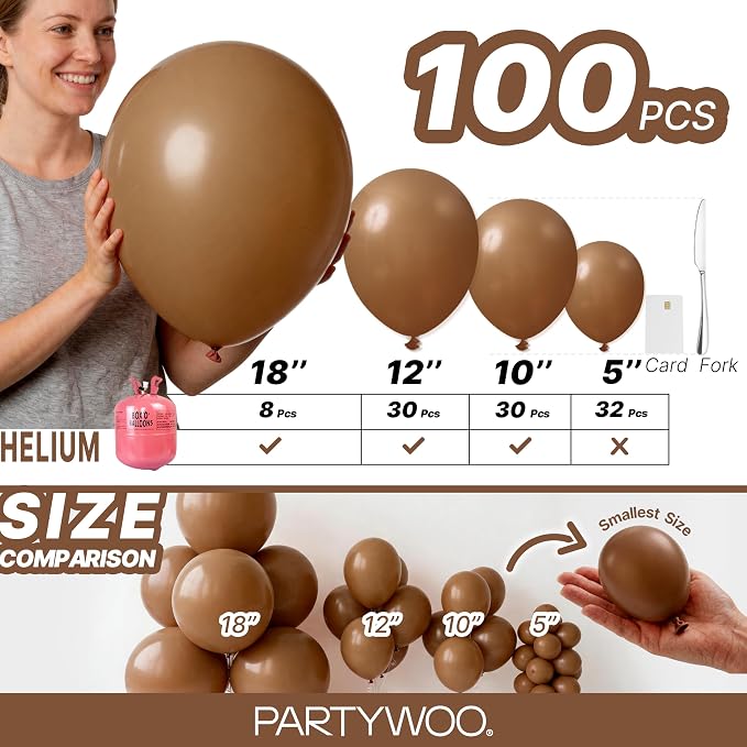 PartyWoo Brown Balloons 100pcs Boho Coffee Tan Fall Color 18 12 10 5 Inch | 18 - Image 7