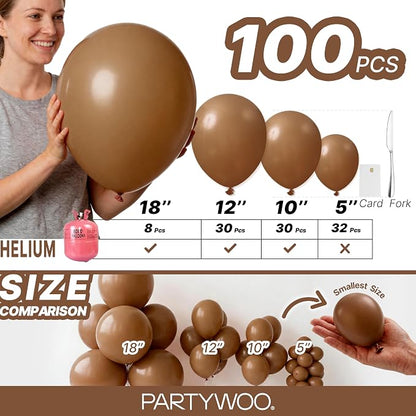 PartyWoo Brown Balloons 100pcs Boho Coffee Tan Fall Color 18 12 10 5 Inch | 18 - Image 7