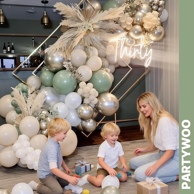 PartyWoo Sage Green Balloons 66pcs Pack Gold and Sand White Balloons | Metallic - Image 8