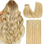 GOO GOO Clip in Hair Extensions Real Human Hair, Remy Human Hair Extensions Clip ins for Women, Natural Human Hair, 20inch 130g 7Pcs, #18D/22F Dirty Blonde Highlights