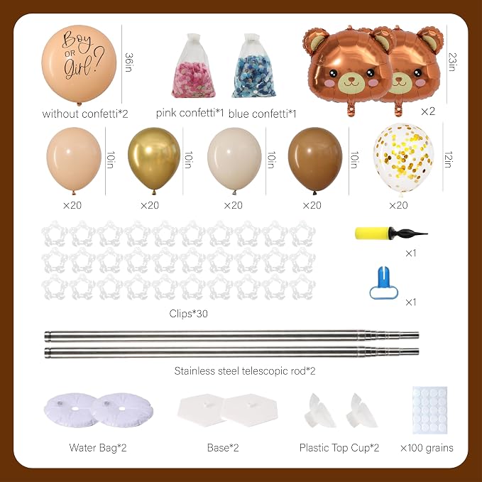 Bear Gender Reveal Balloon Column Stand Set of 2 | 104Pcs Brown Gold White - Image 2