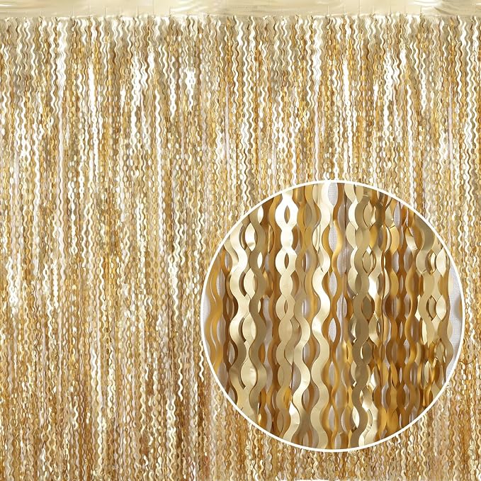 4 Pack Wavy Champagne Gold Metallic Tinsel Foil Fringe Curtains Backdrop by KEEUH