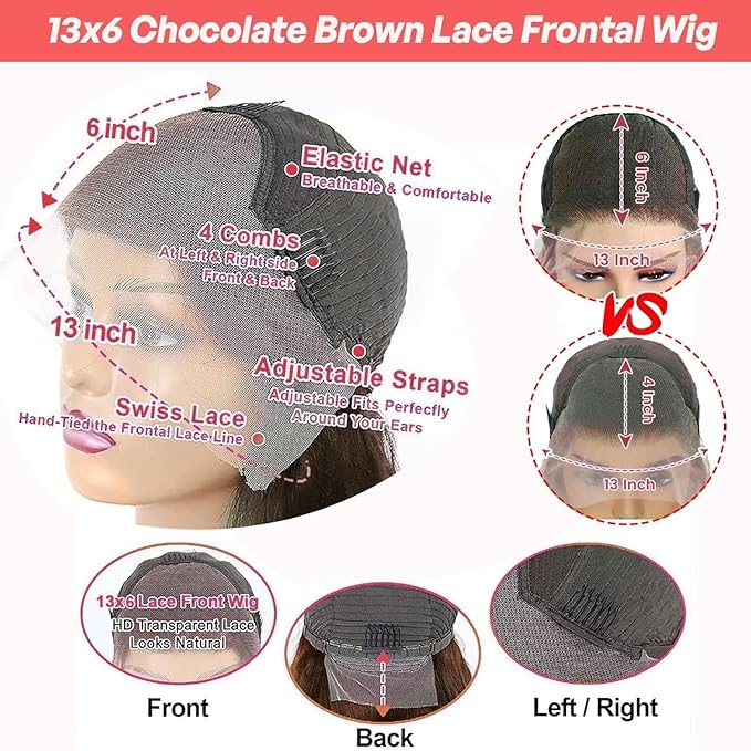 13x6 Body Wave Lace Front Wigs Human Hair Chocolate Brown Wig Human Hair Pre Plucked With Baby Hair 180 Density 4# Colored Brown HD Lace Frontal Wigs for Women 30Inch