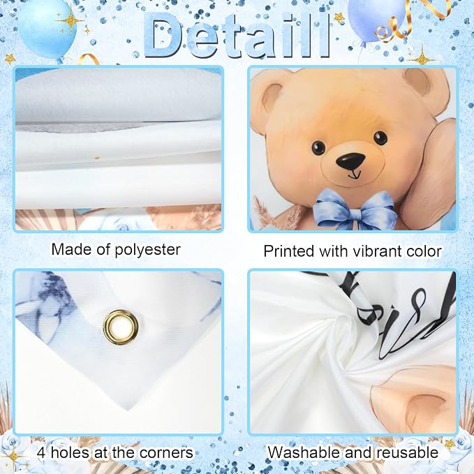 Blue Bear Baby Shower Backdrop 7x5 ft We Can Bearly Wait Banner - Image 3