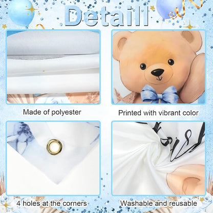 Blue Bear Baby Shower Backdrop 7x5 ft We Can Bearly Wait Banner - Image 3