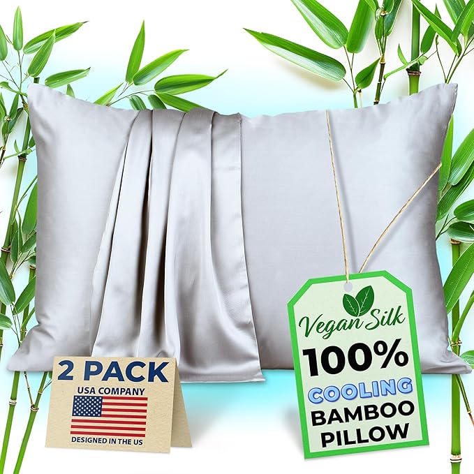 Pillow Cases - 100% Viscose Derived from Bamboo - Cooling Pillowcase - Queen Size, Silver Gray, Set of 2 Zippered - for Hot Sleepers - Soft Pillow Covers - by Vegan Silk
