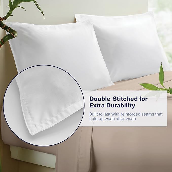 Kickoff Viscose Bamboo Pillowcase, Standard, Set of 2, 100% Organic Hidden Zippered Viscose Bamboo Pillow Case Standard Size, Cooling Pillow Cover for Hot Sleepers (20"x26", Snow White)