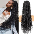 Drawstring Ponytail for Women 24 inch Boho Box Braids with Long Wavy Hair Ponytail Extension Natural Black Synthetic Hair Extensions Ponytail for Daily Use (1B#, 24 Inch)