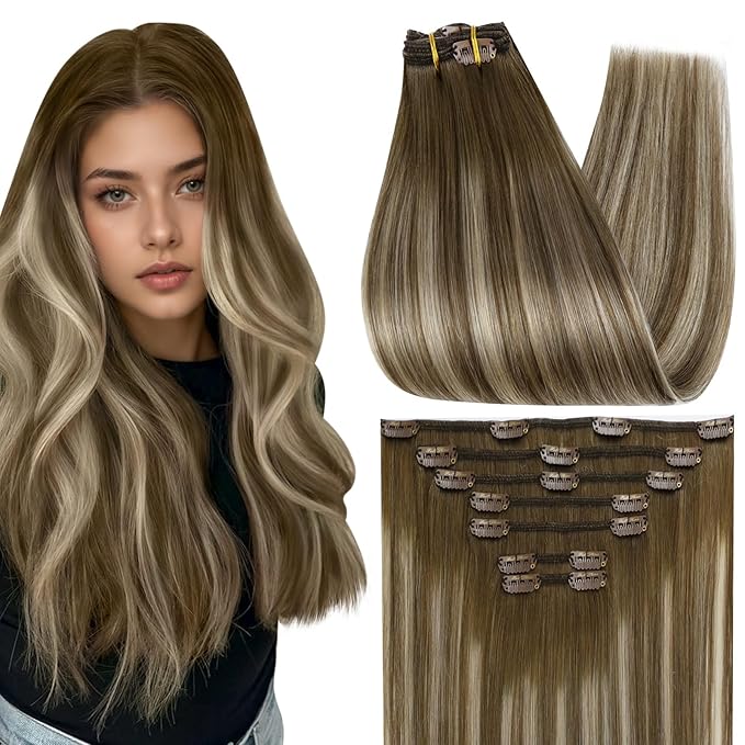 Full Shine Clip in Hair Extensions Human Hair Brown Balayage Hair Extensions Clip ins Real Human Hair Brown Ombre Platinum Blonde Clip in Extensions Straight 16 Inch 7 Pcs 120 G