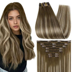 Full Shine Clip in Hair Extensions Ombre 20 Inch Chestnut Brown to Platinum Blonde Real Human Hair Extensions Clip ins Double Weft Clip in Extensions Remy Hair 7 Pcs 120 G