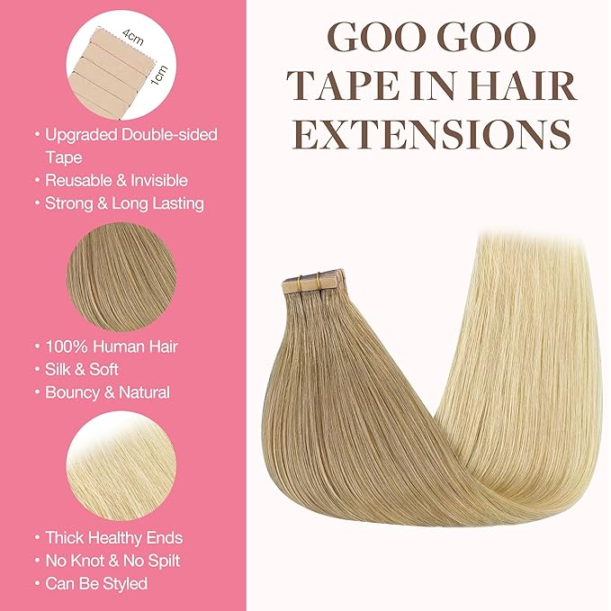 GOO GOO Tape in Hair Extensions Human Hair, O18G/22G Ombre Beige Blonde with Ash Highlights, 16inch 50g 20pcs, Skin Weft Seamless Invisible, Silky Straight with Thick Ends, Remy Human Hair