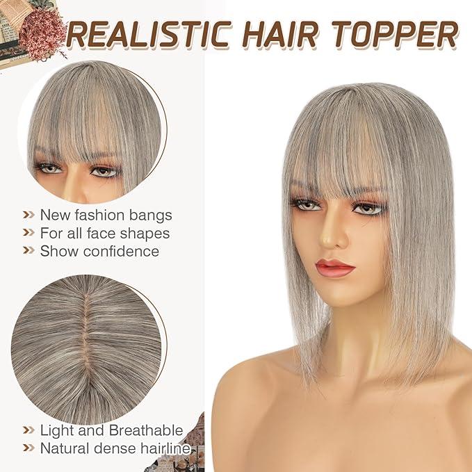 Rich Choices Real Human Hair Toppers for Women With Bang 100% Remy Human Hair Topper for Thinning Hair Clip in Silk Base Hair Topper 10 Inch Salt and Pepper G2 Silver
